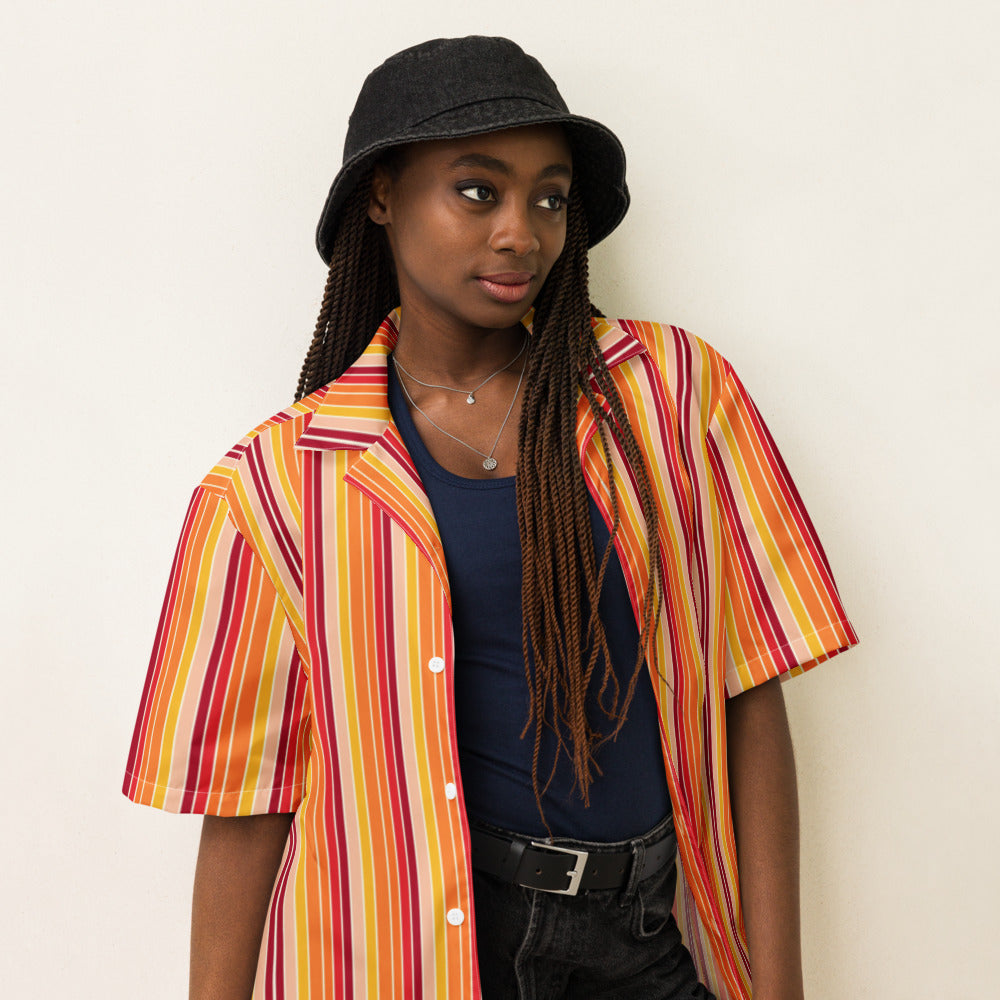 Sunrise Ombre Stripe button-up shirt on a woman, three-quarter view