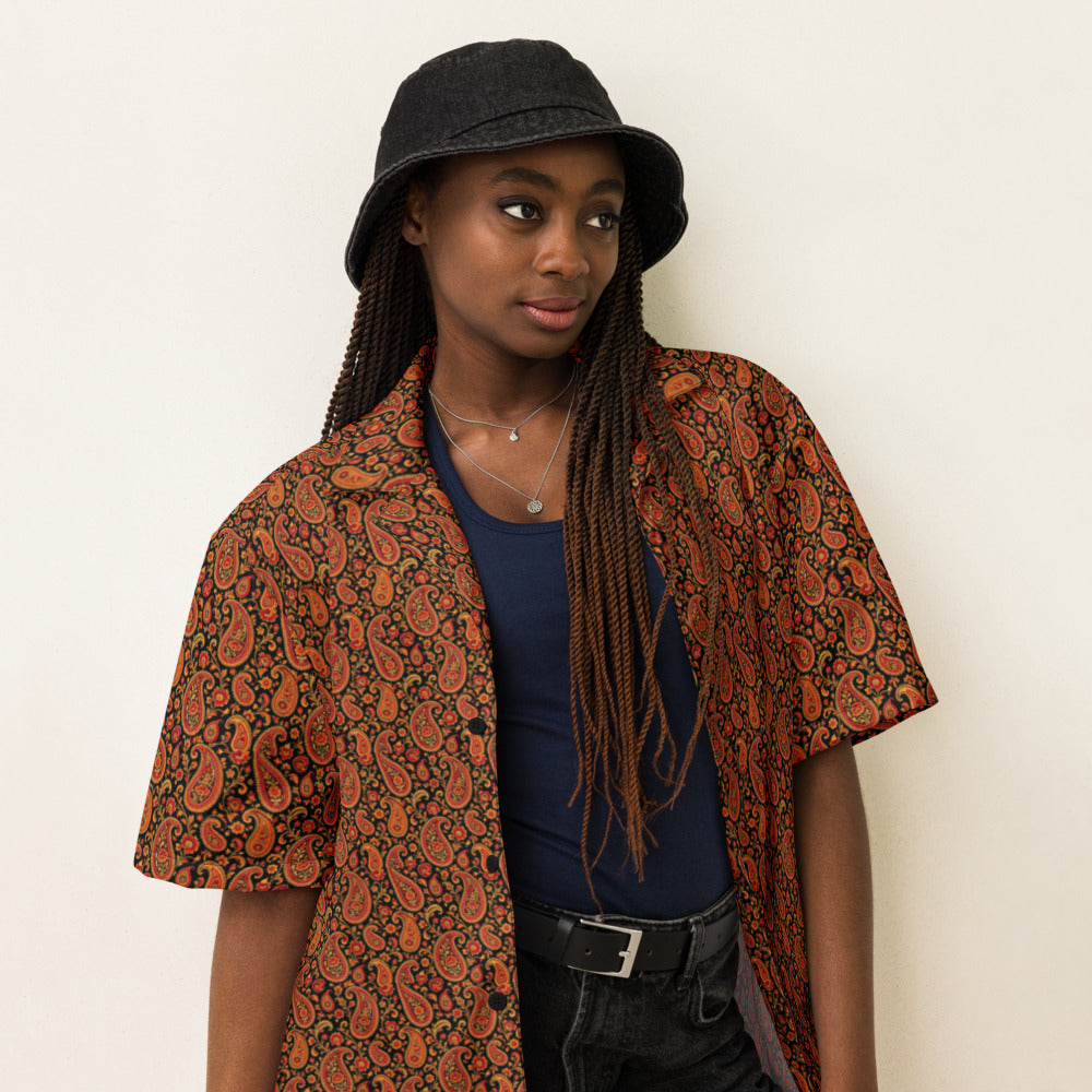Fire Paisley button-up shirt on a woman, three-quarter view