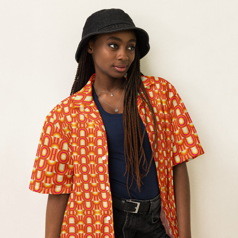 Tequila Sunrise Geo button-up shirt on a woman, three-quarter view