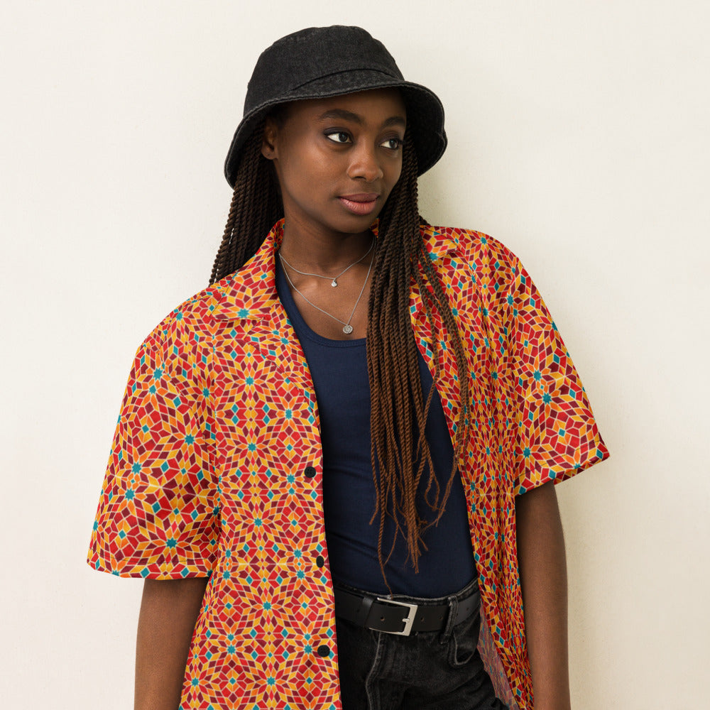 Blaze Mosaic button-up shirt on a woman, three-quarter view