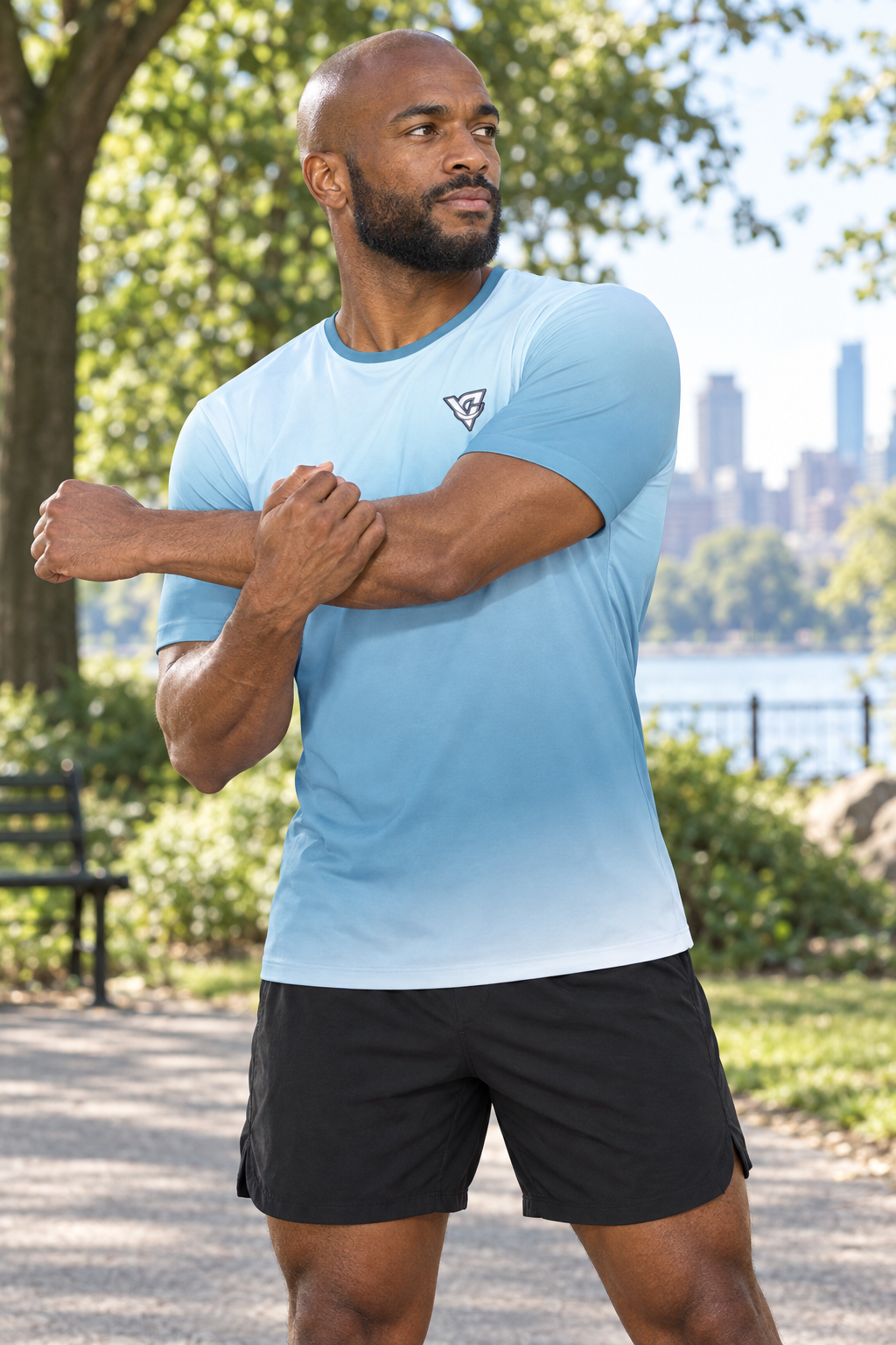 Arctic Ombre men's short-sleeve athletic jersey shirt worn on a model
