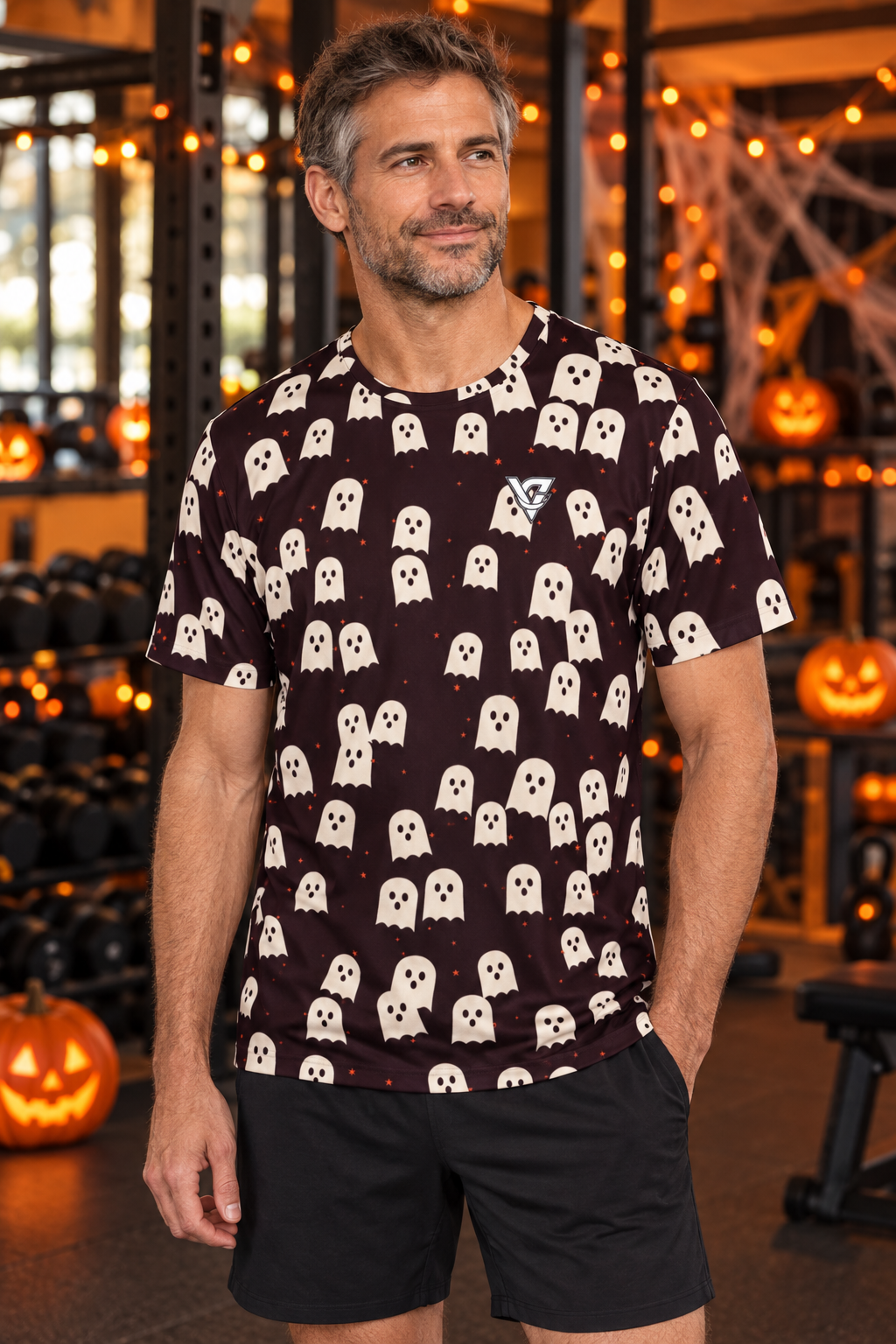 Halloween Blood Moon Ghost Parade men's short-sleeve athletic jersey shirt worn on a model