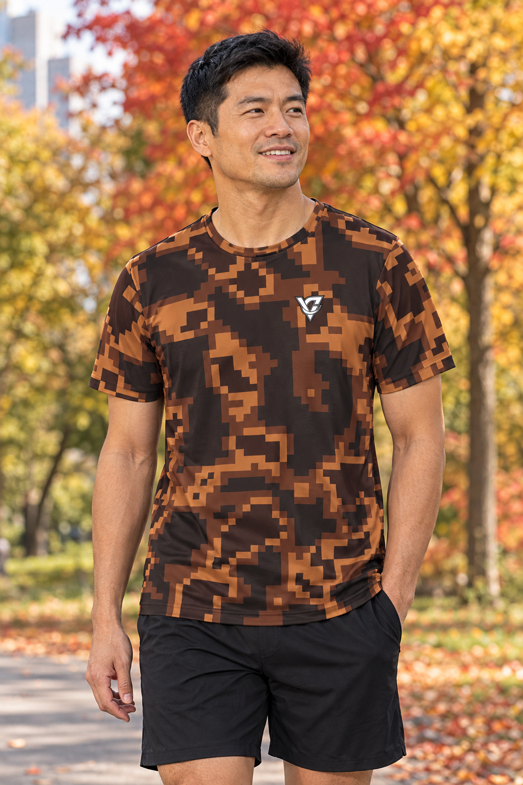 Chestnut Digital Camo men's short-sleeve athletic jersey shirt worn on a model