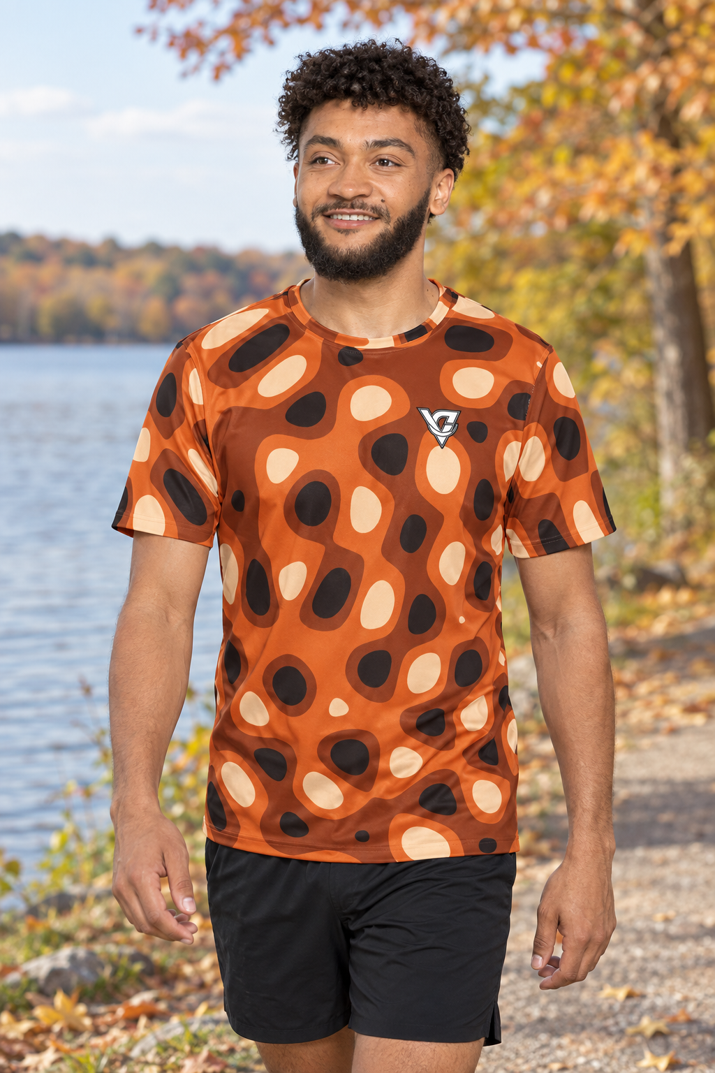 Cinnamon Ripple men's short-sleeve athletic jersey shirt worn on a model