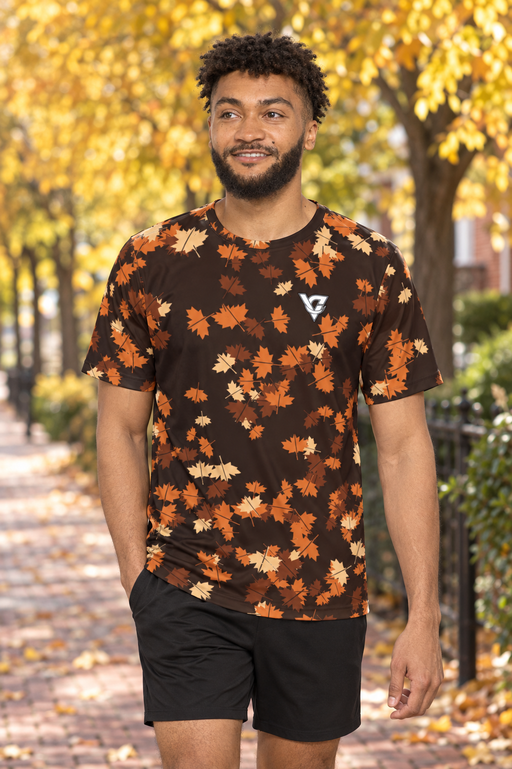 Copper Falling Leaves men's short-sleeve athletic jersey shirt worn on a model