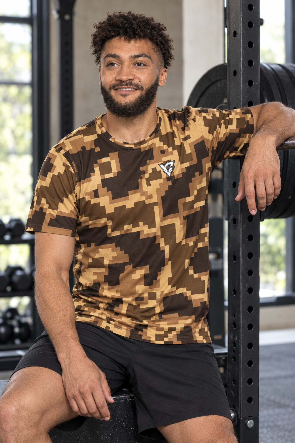 Desert Digital Camo men's short-sleeve athletic jersey shirt worn on a model