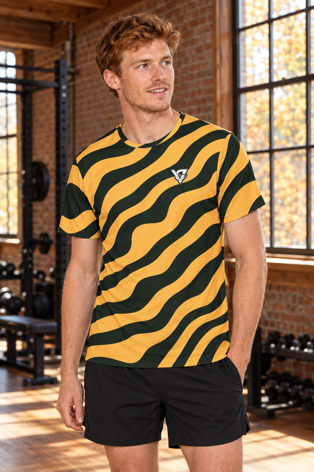 Evergreen Ember Zebra men's short-sleeve athletic jersey shirt worn on a model