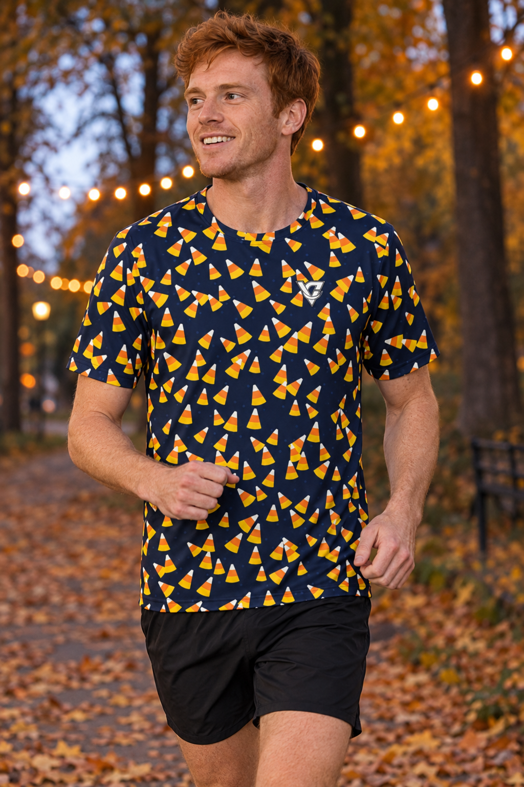Halloween Ghostly Night Candy Corn Toss men's short-sleeve athletic jersey shirt worn on a model
