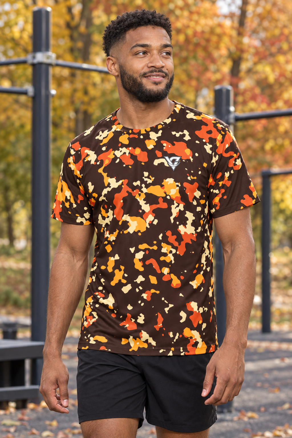 Golden Hour Splatter men's short-sleeve athletic jersey shirt worn on a model