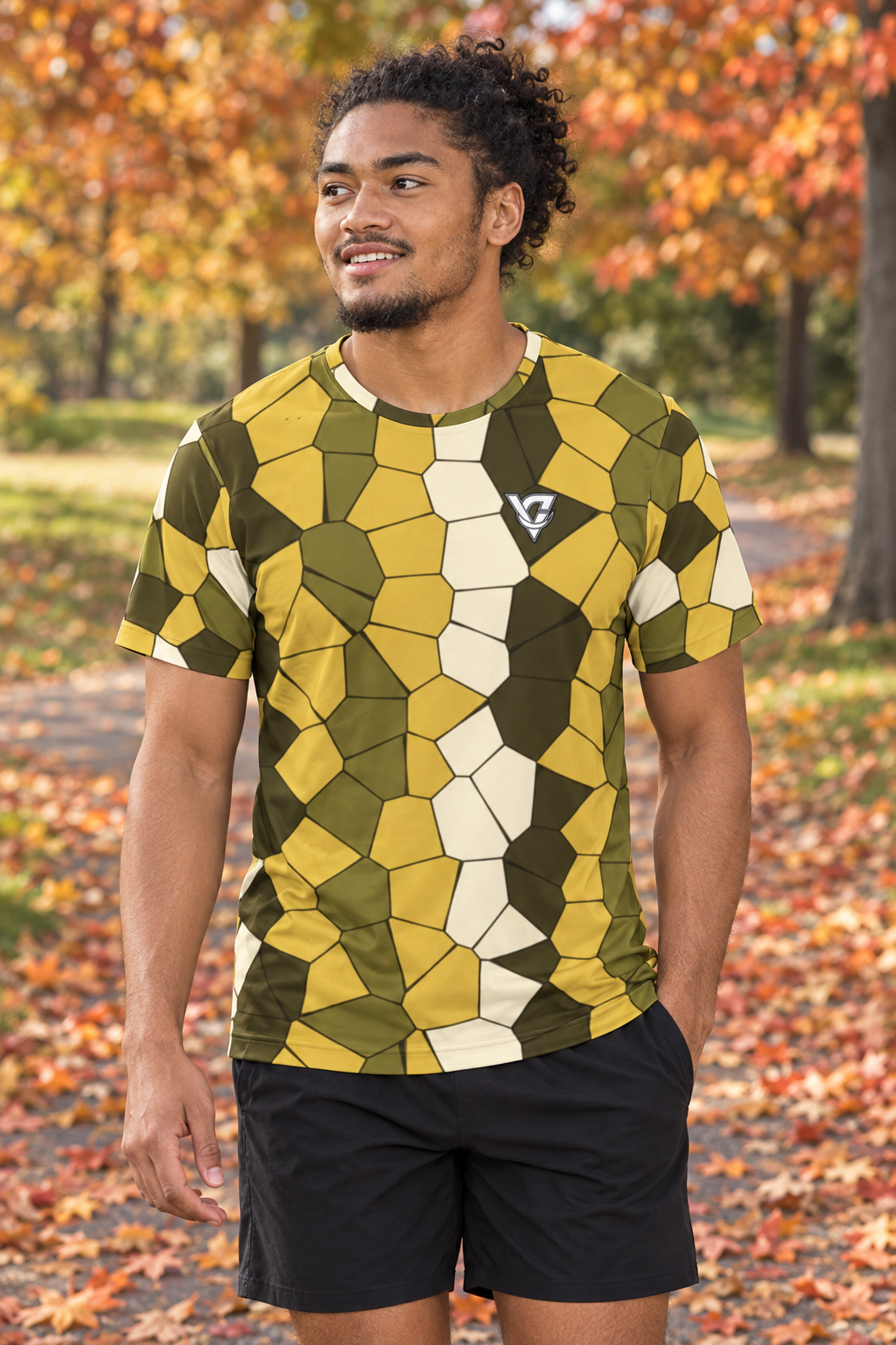 Hayride Mosaic men's short-sleeve athletic jersey shirt worn on a model