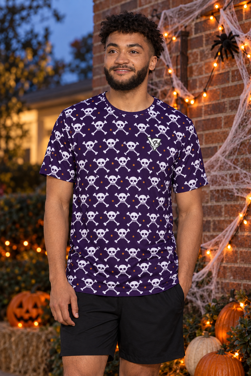 Halloween Hocus Pocus Skull & Crossbones men's short-sleeve athletic jersey shirt worn on a model