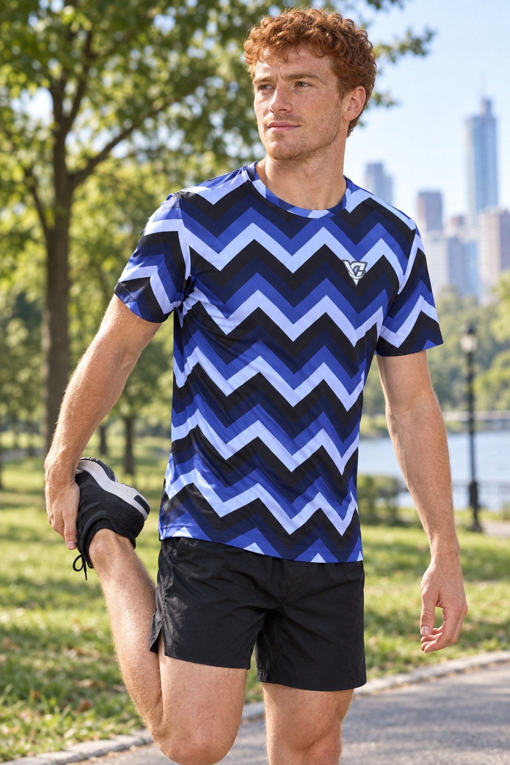 Midnight Chevron men's short-sleeve athletic jersey shirt worn on a model