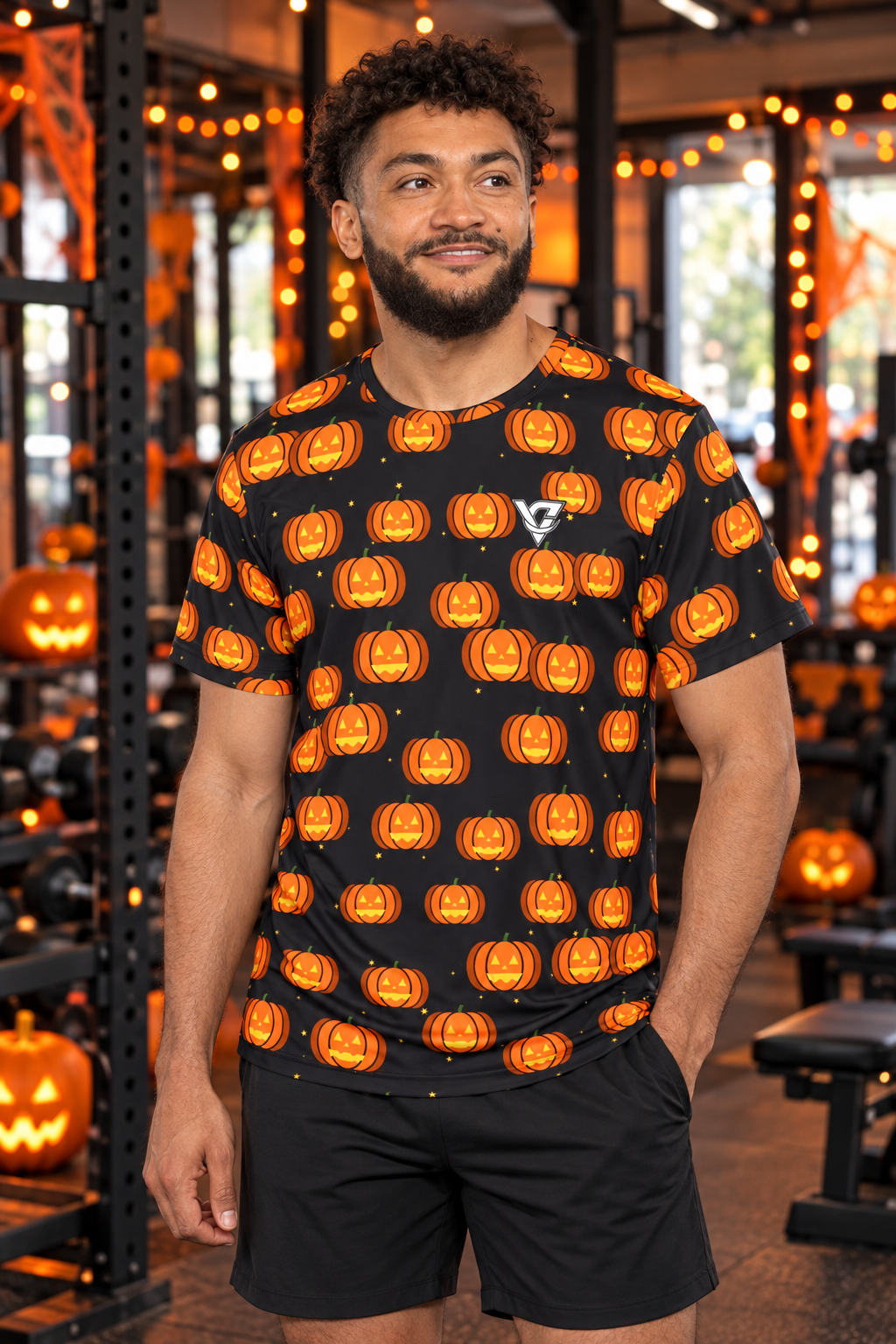 Halloween Midnight Pumpkin Jack-O'-Lantern men's short-sleeve athletic jersey shirt worn on a model