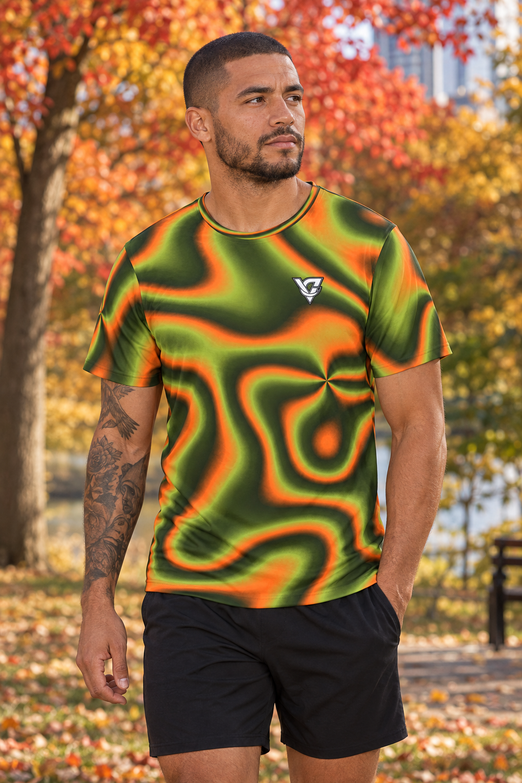 Moss Flame Tie-Dye men's short-sleeve athletic jersey shirt worn on a model