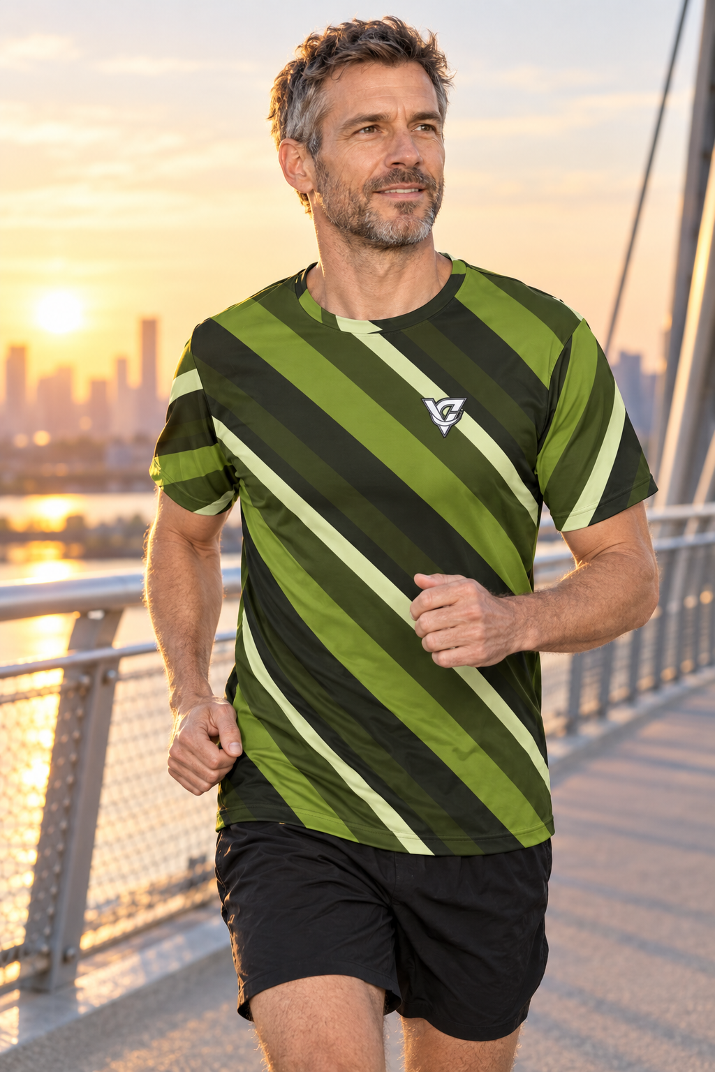 Olive Stripe men's short-sleeve athletic jersey shirt worn on a model