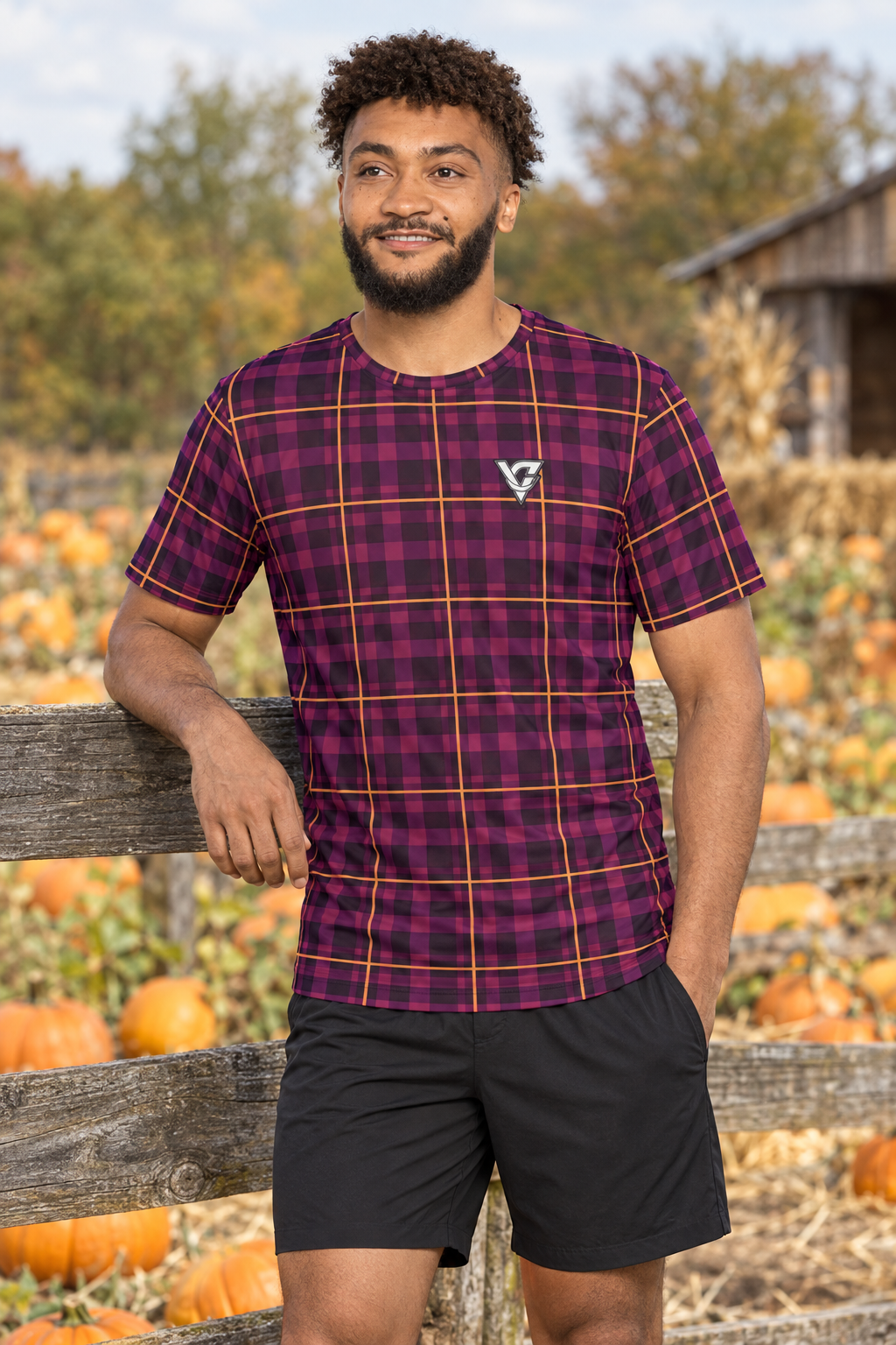 Plum Spice Flannel men's short-sleeve athletic jersey shirt worn on a model