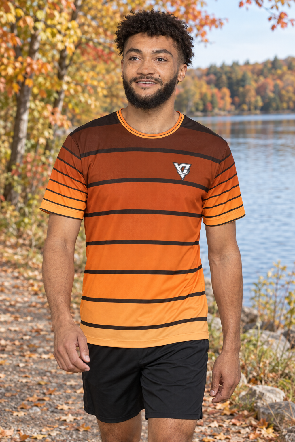 Pumpkin Horizon men's short-sleeve athletic jersey shirt worn on a model