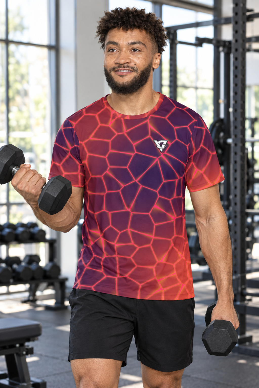 Sunset Rift men's short-sleeve athletic jersey shirt worn on a model