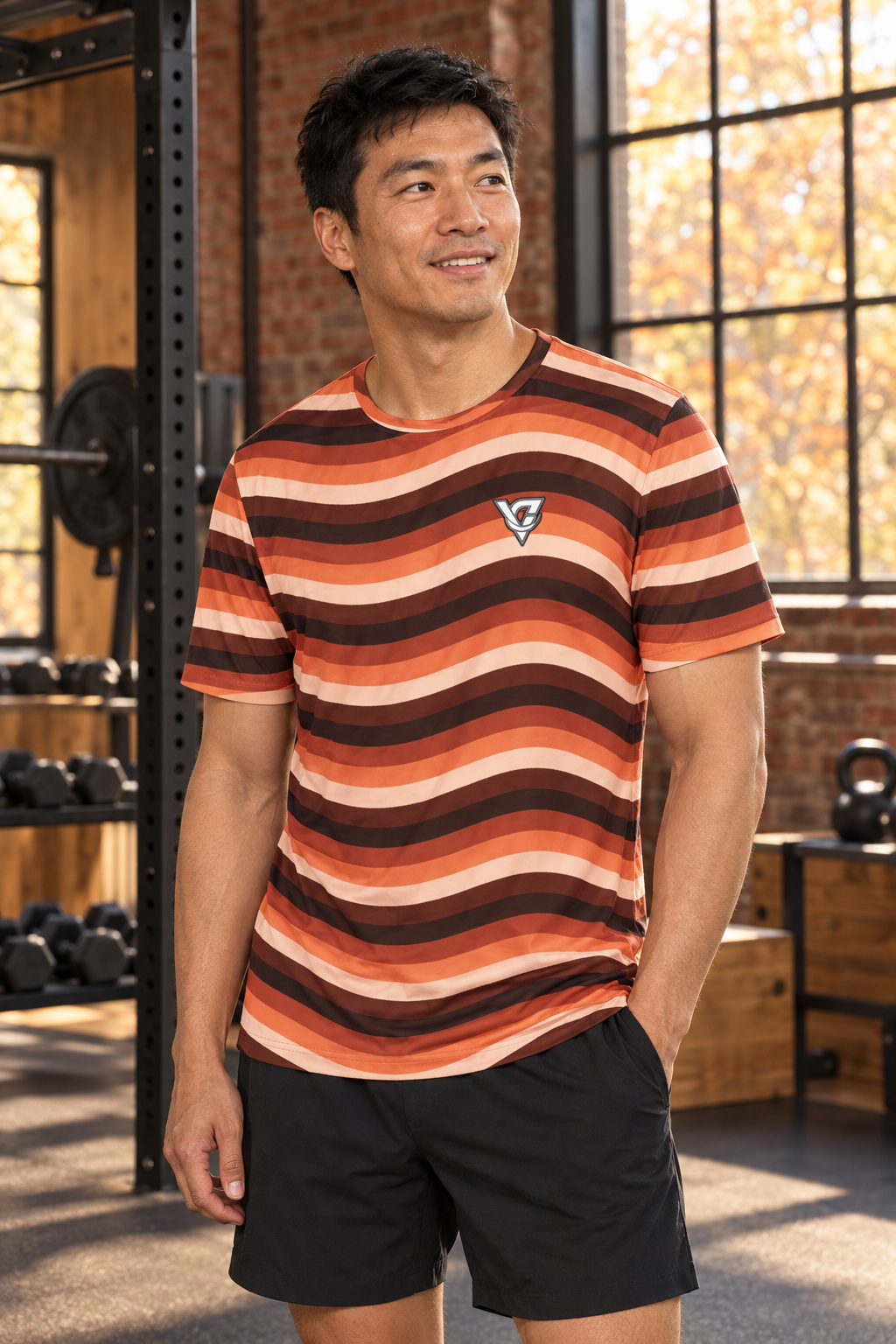 Terracotta Wave men's short-sleeve athletic jersey shirt worn on a model