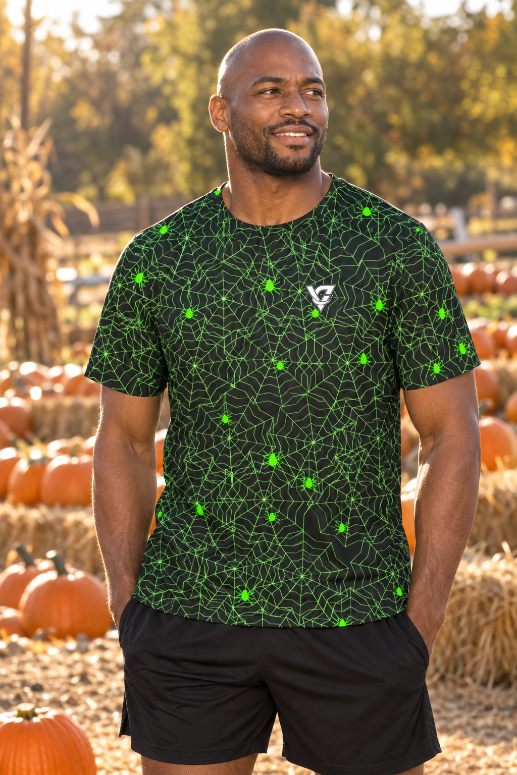 Halloween Toxic Slime Spiderweb men's short-sleeve athletic jersey shirt worn on a model