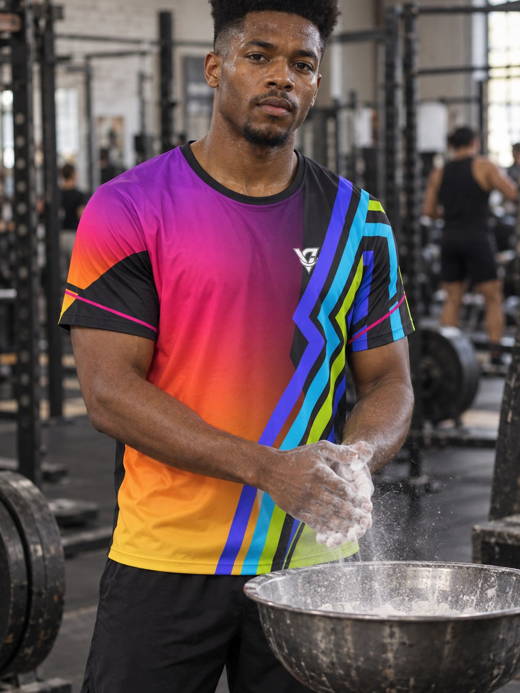 Man training in the Prism Velocity men's sports jersey with the Vantacore V emblem on the left chest – front view