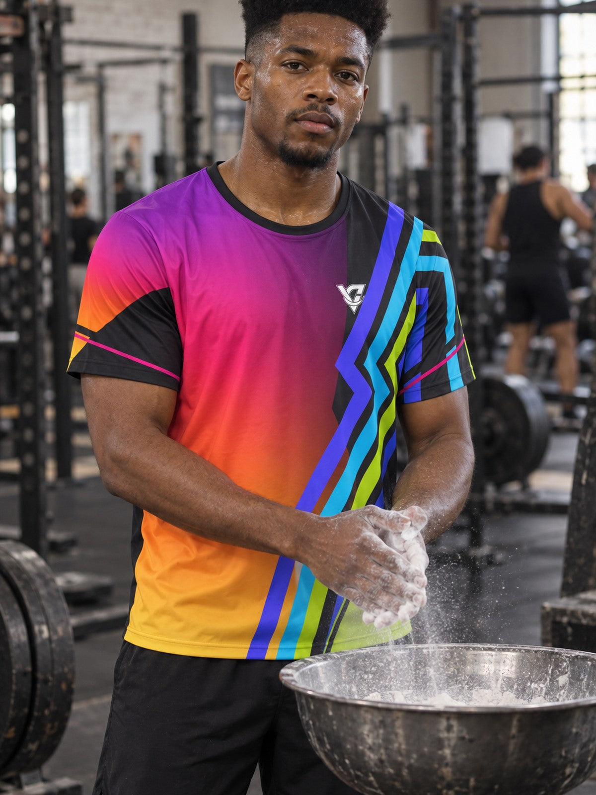 Man training in the Prism Velocity men's sports jersey with the Vantacore V emblem on the left chest – front view
