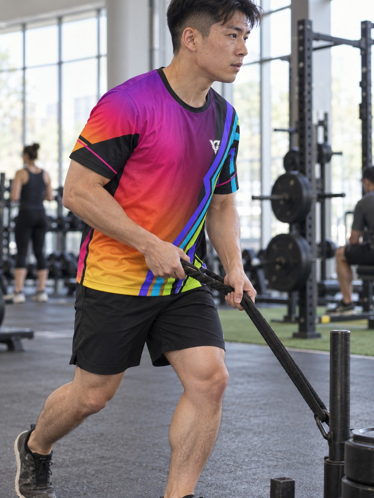 Man training in the Prism Velocity men's sports jersey with the Vantacore V emblem on the left chest – side view