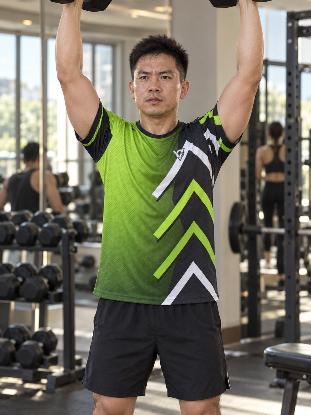Man training in the Volt Strike men's sports jersey with the Vantacore V emblem on the left chest – front view