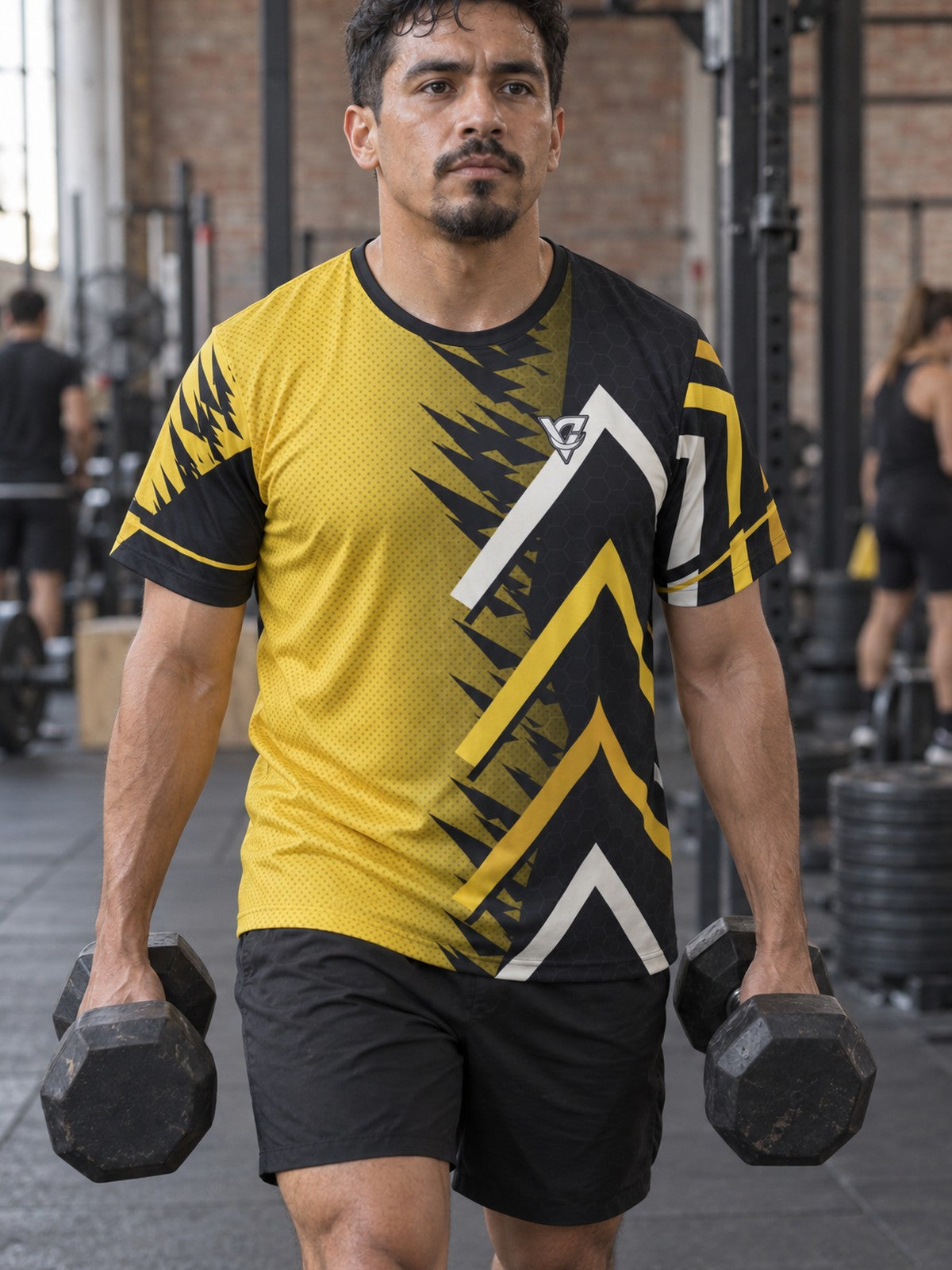 Man training in the Golden Apex men's sports jersey with the Vantacore V emblem on the left chest – front view