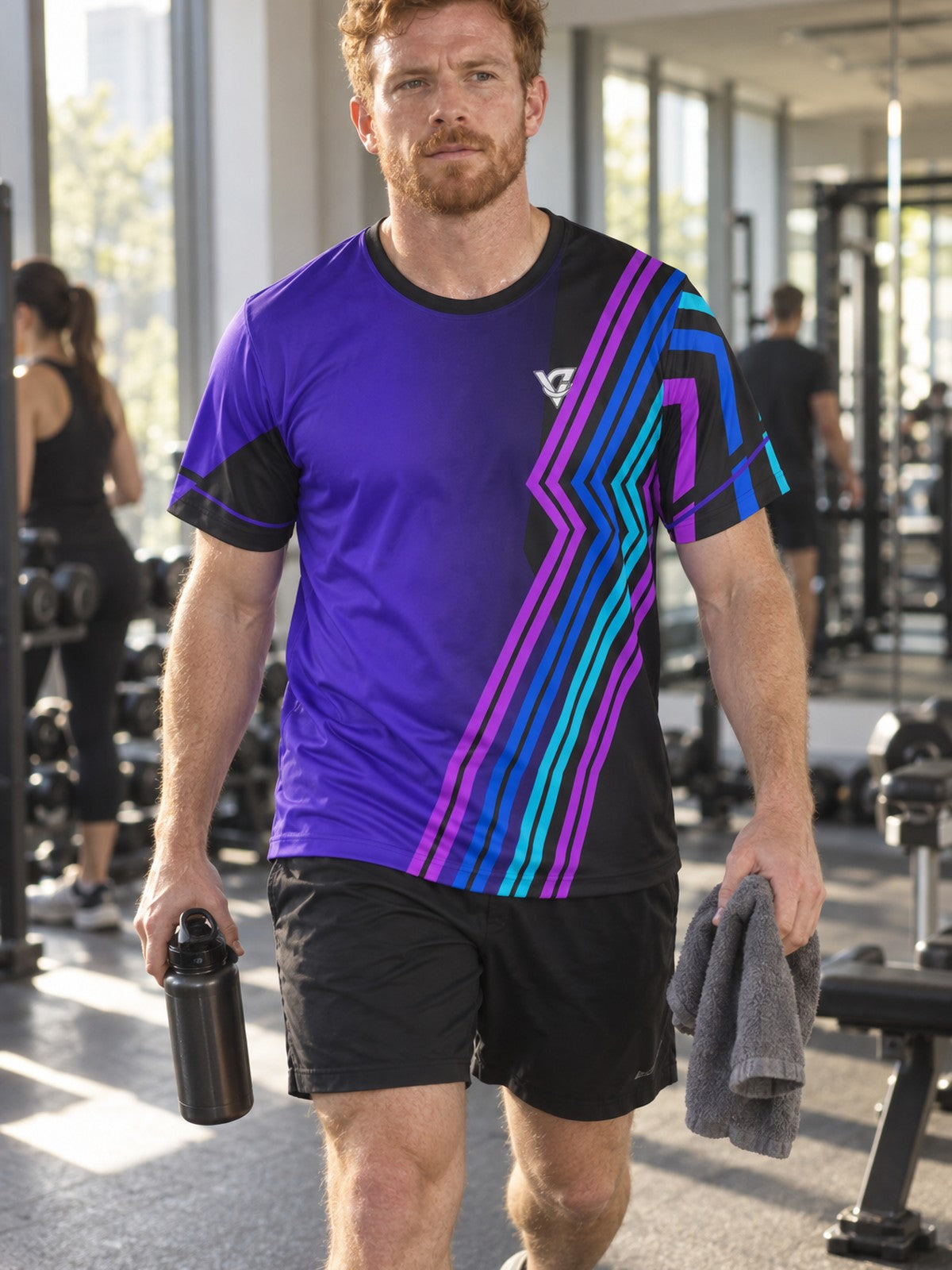 Man training in the Electric Vortex men's sports jersey with the Vantacore V emblem on the left chest – front view