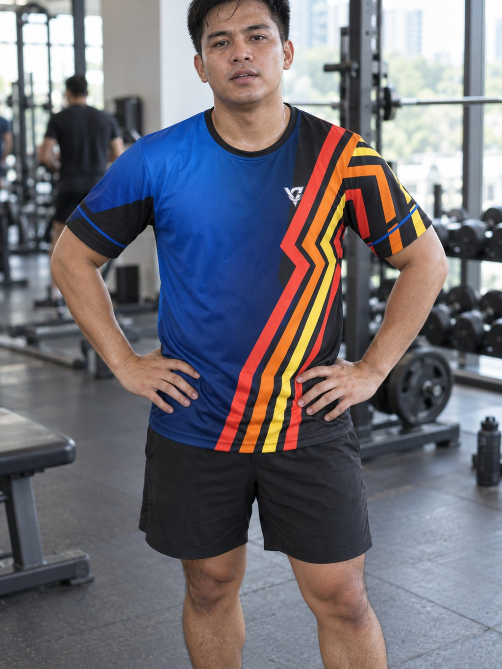 Man training in the Midnight Horizon men's sports jersey with the Vantacore V emblem on the left chest – front view