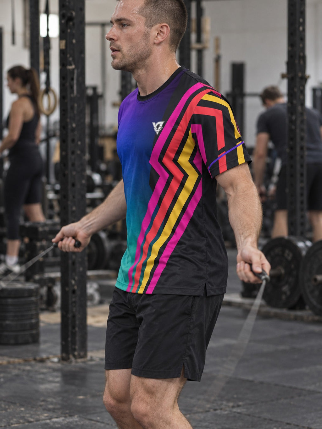 Man training in the Aurora Fusion men's sports jersey with the Vantacore V emblem on the left chest – side view