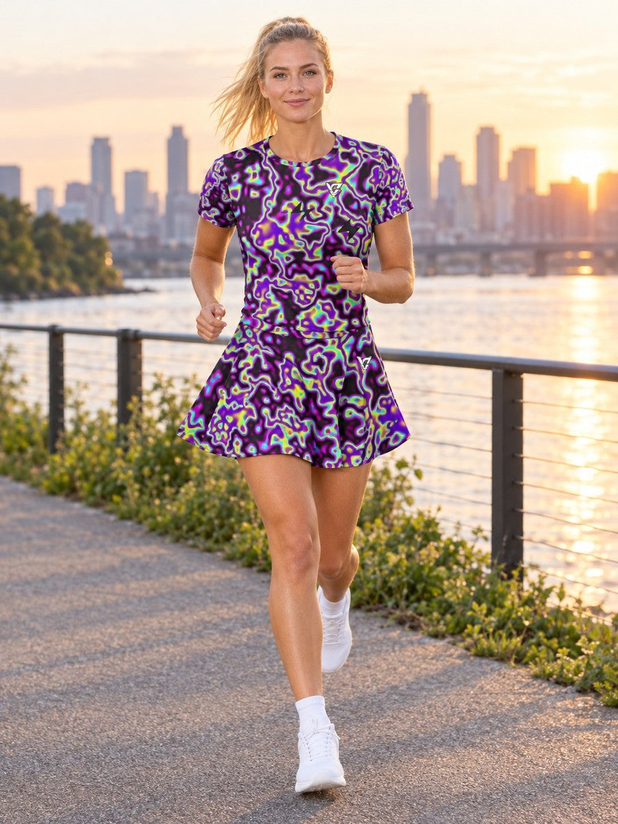 Running Midnight Neon Marble Flow Women's Athletic Skater Skirt - front view