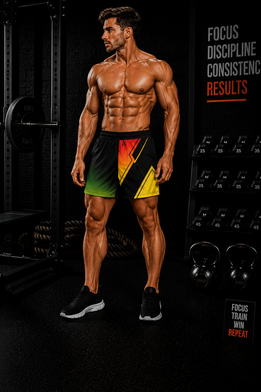 Men's Board Shorts – Bold Gradient Surf Trunks with Orange & Yellow Chevron Accent - No Pockets