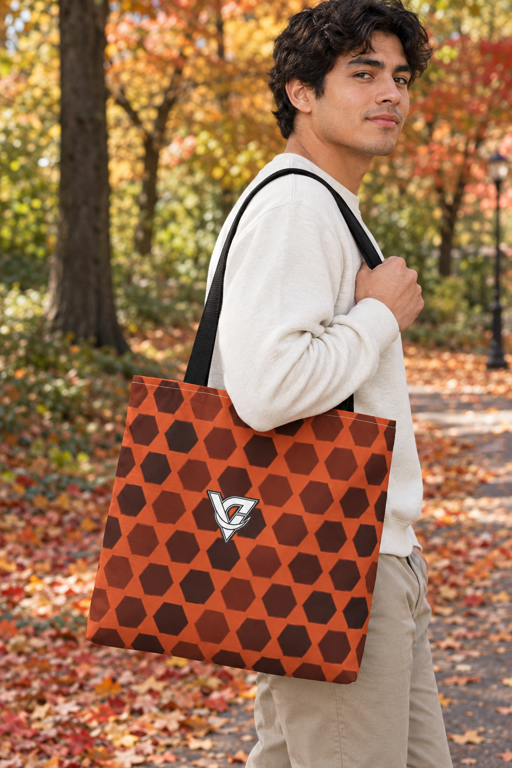 Auburn Hex Grid tote bag worn on a model