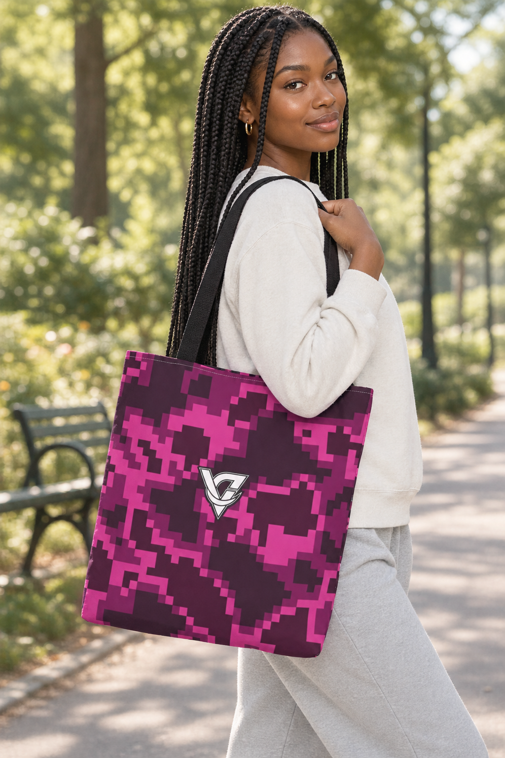 Berry Digital Camo tote bag worn on a model