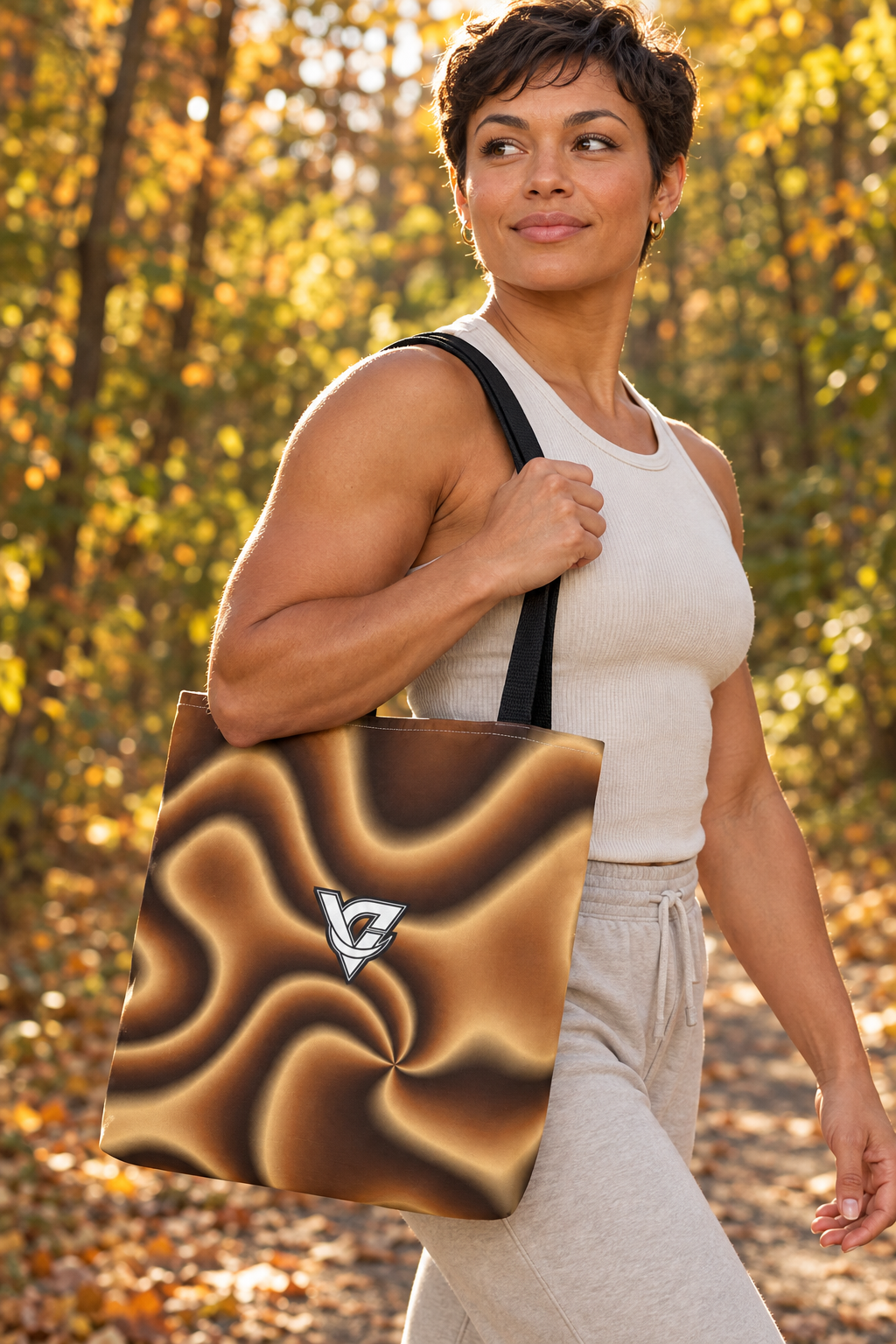 Chestnut Tie-Dye tote bag worn on a model