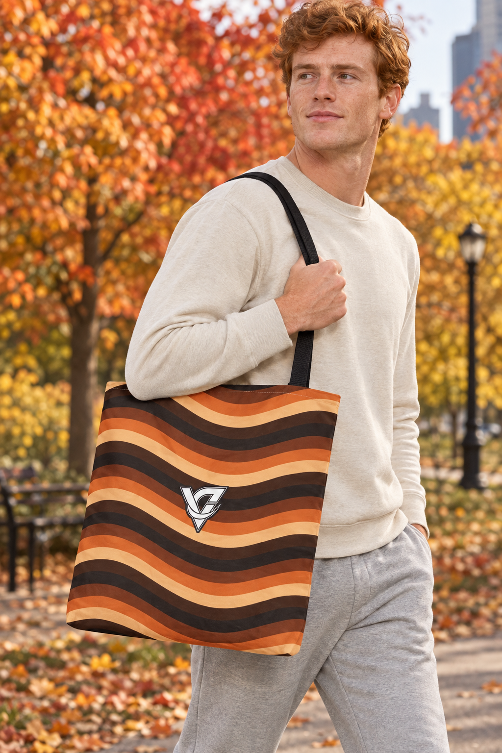 Copper Wave tote bag worn on a model
