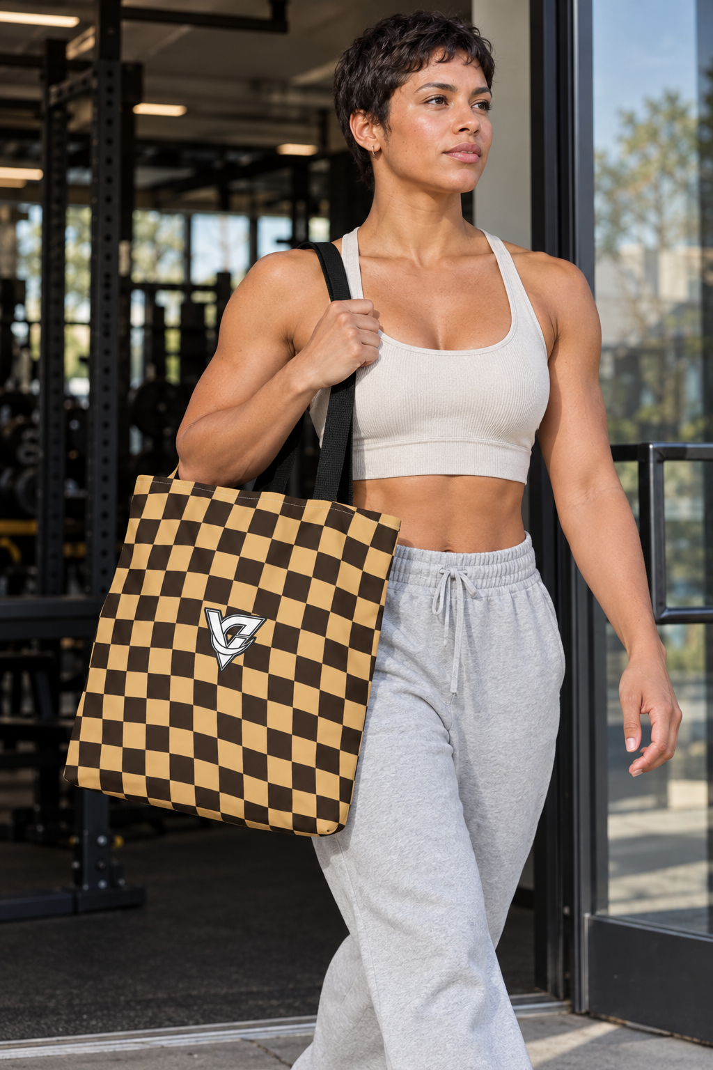 Desert Warp Check tote bag worn on a model