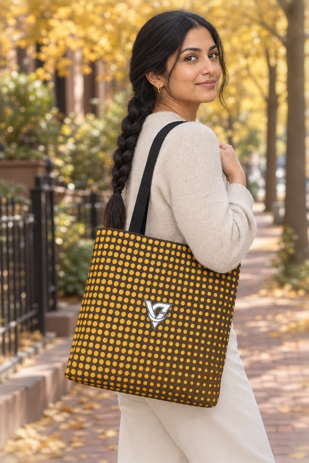 Harvest Gold Halftone tote bag worn on a model