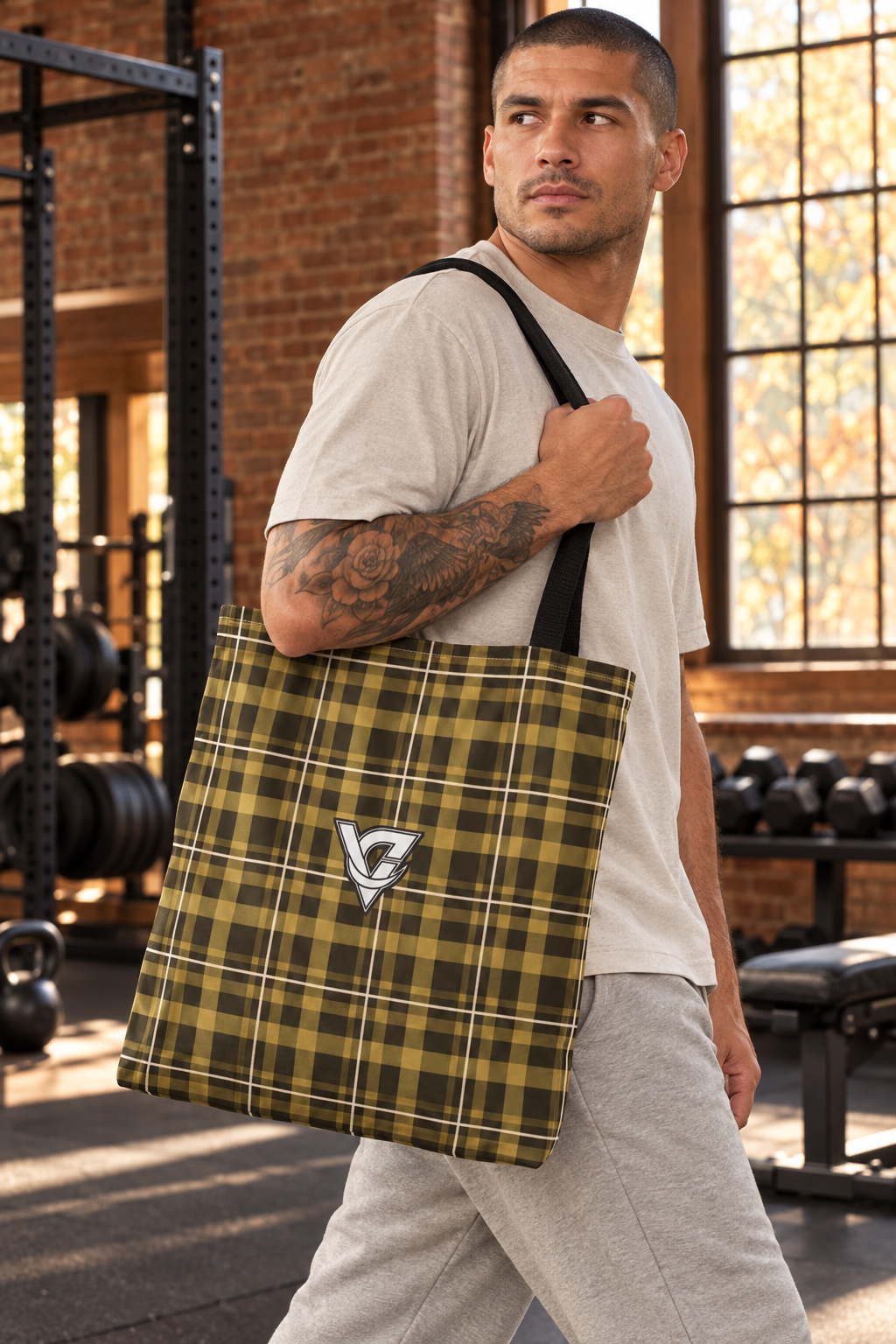 Hayride Flannel tote bag worn on a model