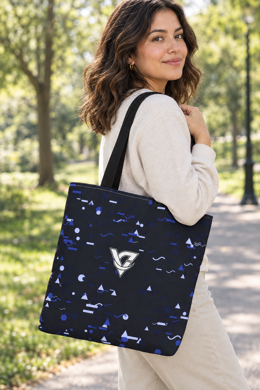 Midnight Confetti tote bag worn on a model