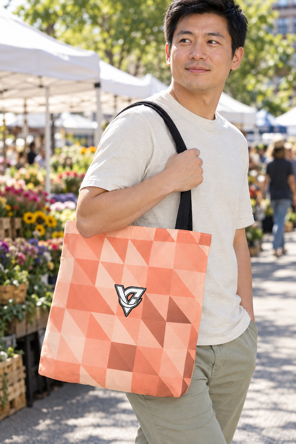 Peach Low-Poly tote bag worn on a model