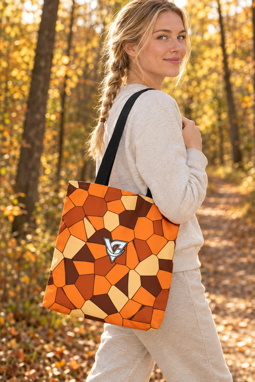 Pumpkin Mosaic tote bag worn on a model