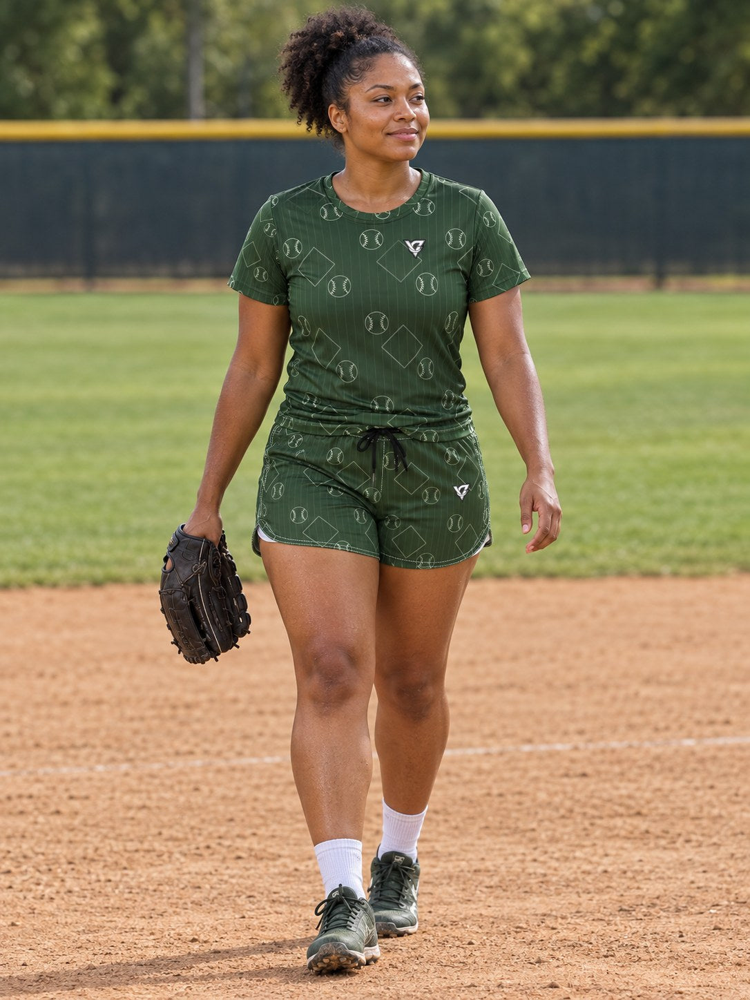 Baseball & Softball Forest Camo Diamond Stitch Women's Athletic Shorts with Pockets, front view