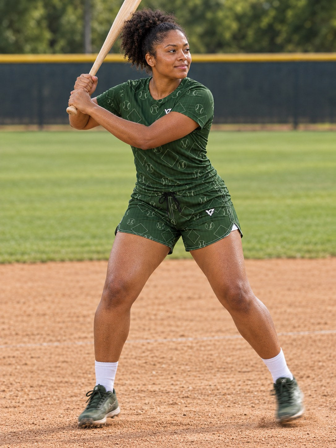 Baseball & Softball Forest Camo Diamond Stitch Women's Athletic Shorts with Pockets, in action