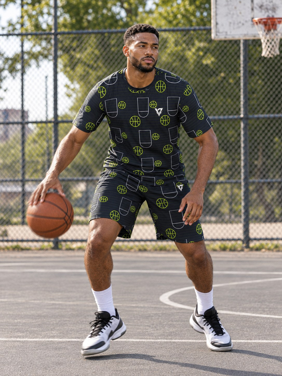 Basketball Volt Night Court Seam Men's Athletic Shorts with Pockets, in action