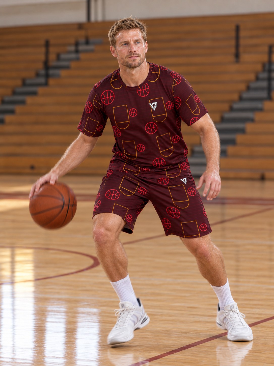 Basketball Crimson Blaze Court Seam Men's Athletic Shorts with Pockets, in action