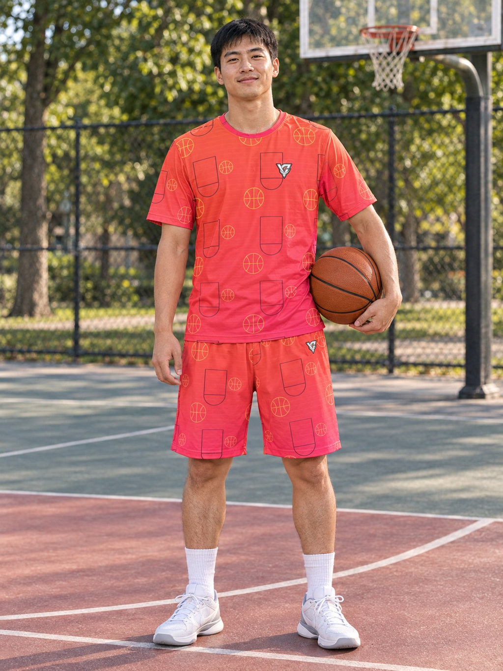Basketball Sunset Fade Court Seam Men's Athletic Shorts with Pockets, front view