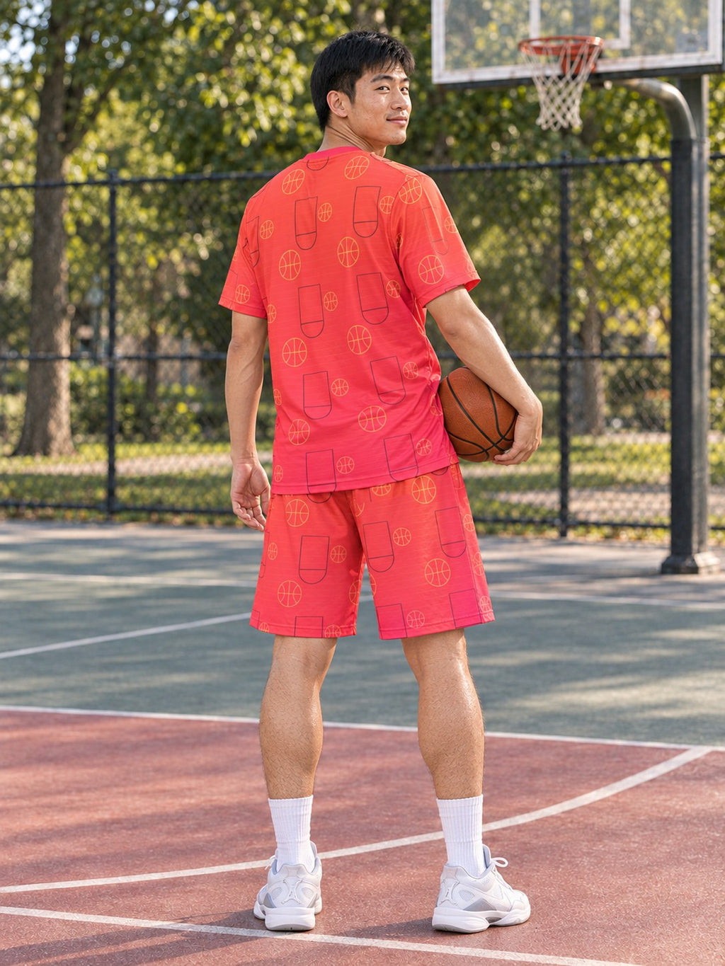 Basketball Sunset Fade Court Seam Men's Athletic Shorts with Pockets, back view
